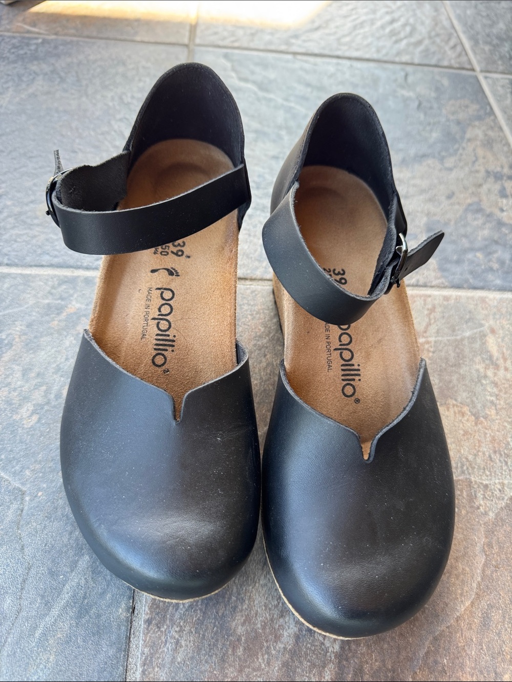 Papillio Women’s Black Leather Ankle-Strap Clogs